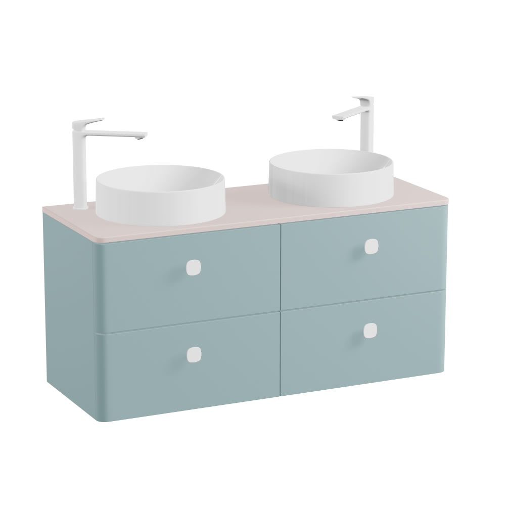 Vado Cameo 1200mm Cove Blue Wall Hung 4 Drawer Vanity Unit, Cove Pink Worktop & Gloss Basin
