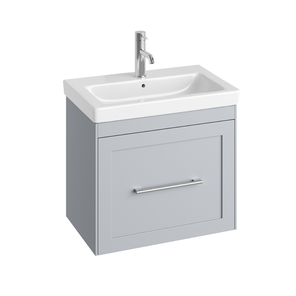 Product Cut out image of the Abacus Concept Shaker Stone Grey 600mm Basin & Wall Hung Vanity Unit with a Chrome Furniture Handle