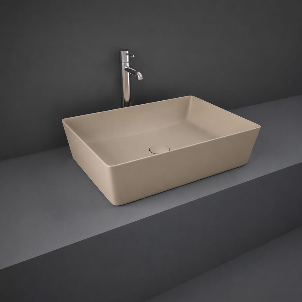 Lifestyle image of RAK Feeling Matt Cappuccino 500mm Rectangular Countertop Basin