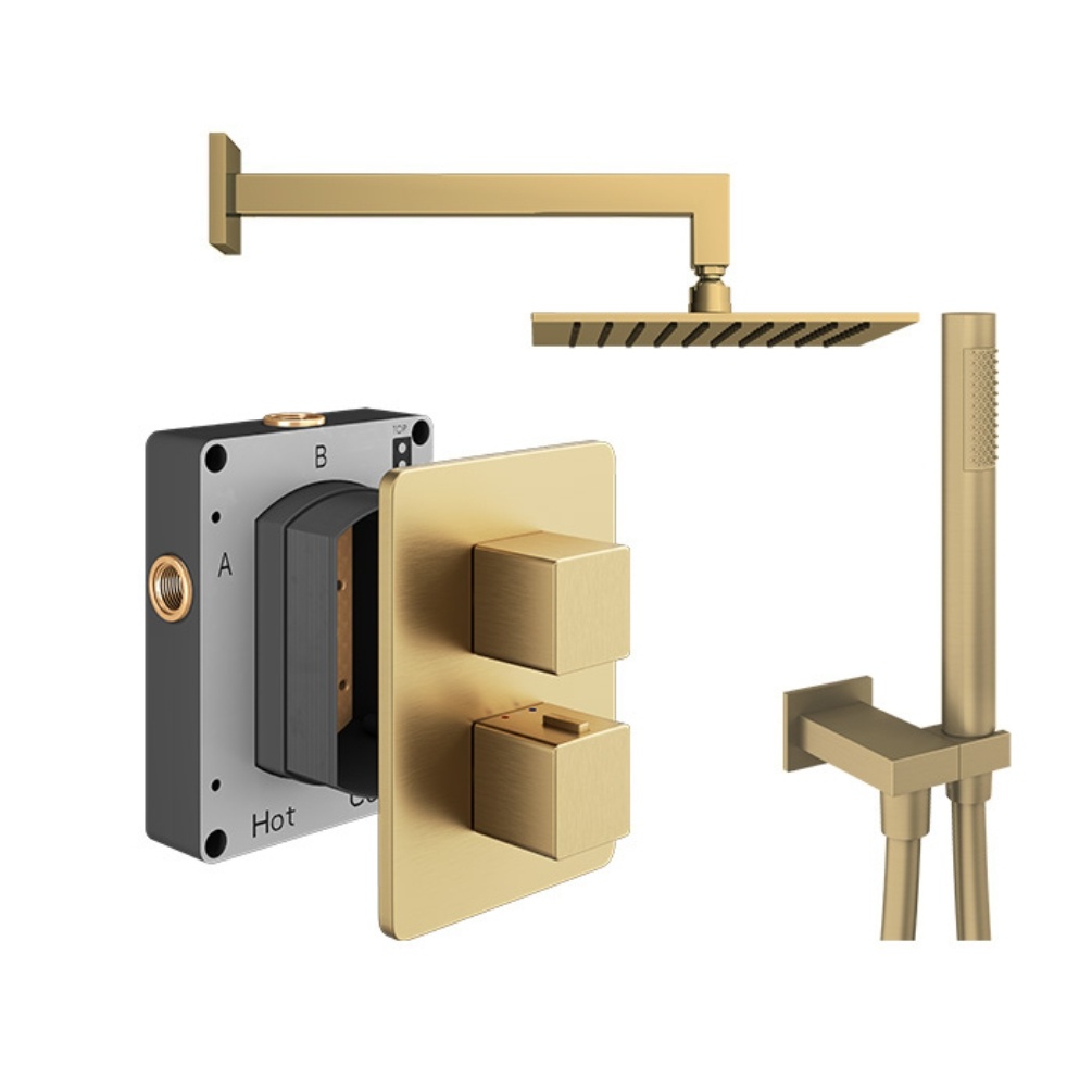 Product cut out image of the Abacus Square Brushed Brass 2 Outlet Shower Pack with Fixed Head & Handset