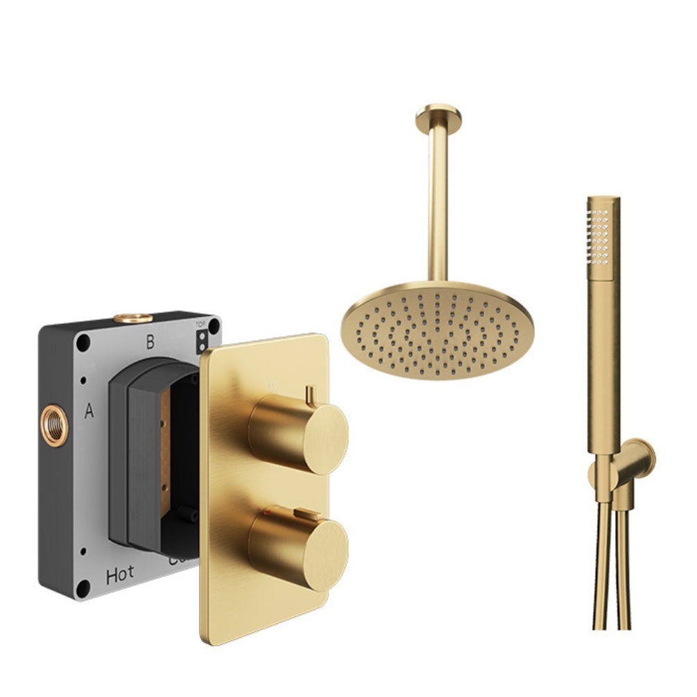 Product cut out of the Abacus Iso Brushed Brass 2 Outlet Shower Pack with Ceiling Head & Handset