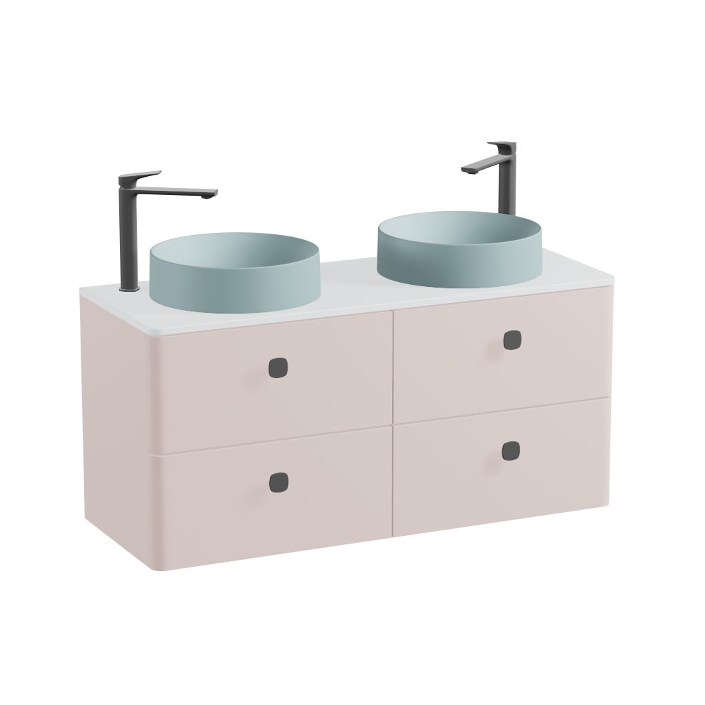 Vado Cameo 1200mm Pink Clay Wall Hung 4 Drawer Vanity Unit, Arctic Worktop & Cove Basins