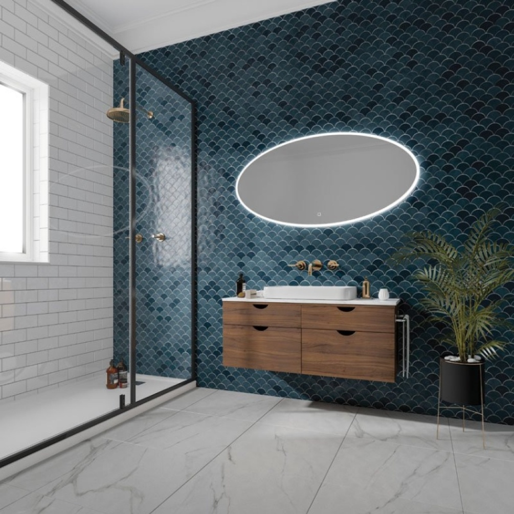 Product Lifestyle image of the HIB Arena 1200mm Oval LED Bathroom Mirror
