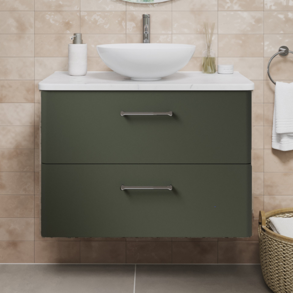 Product Lifestyle Image Close Up of Britton Bathrooms Camberwell Earthy Green Wall Hung Vanity Unit and Worktop in Bathroom
