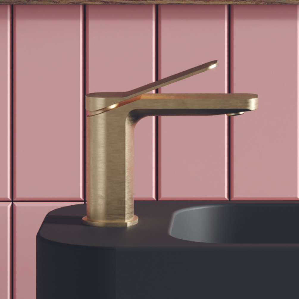 Product lifestyle photo image of Crosswater Glide II (Glide Two) Brushed Brass Monobloc Basin Mixer Tap close up on black wall mounted  cloakroom basin sink GD110DNF