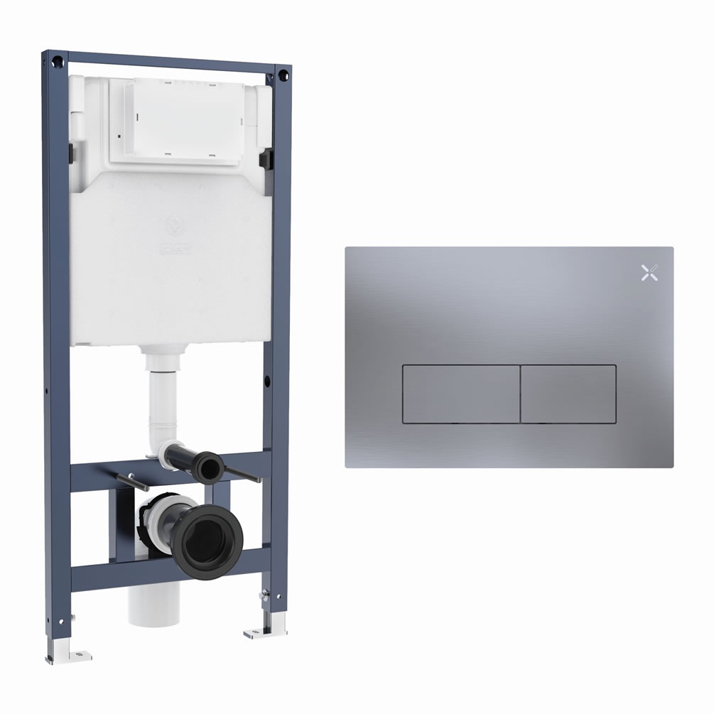 Cutout image of Crosswater 1120mm Wall-Hung Cistern Frame & MPRO Stainless Steel Brushed Nickel Dual Flush Plate