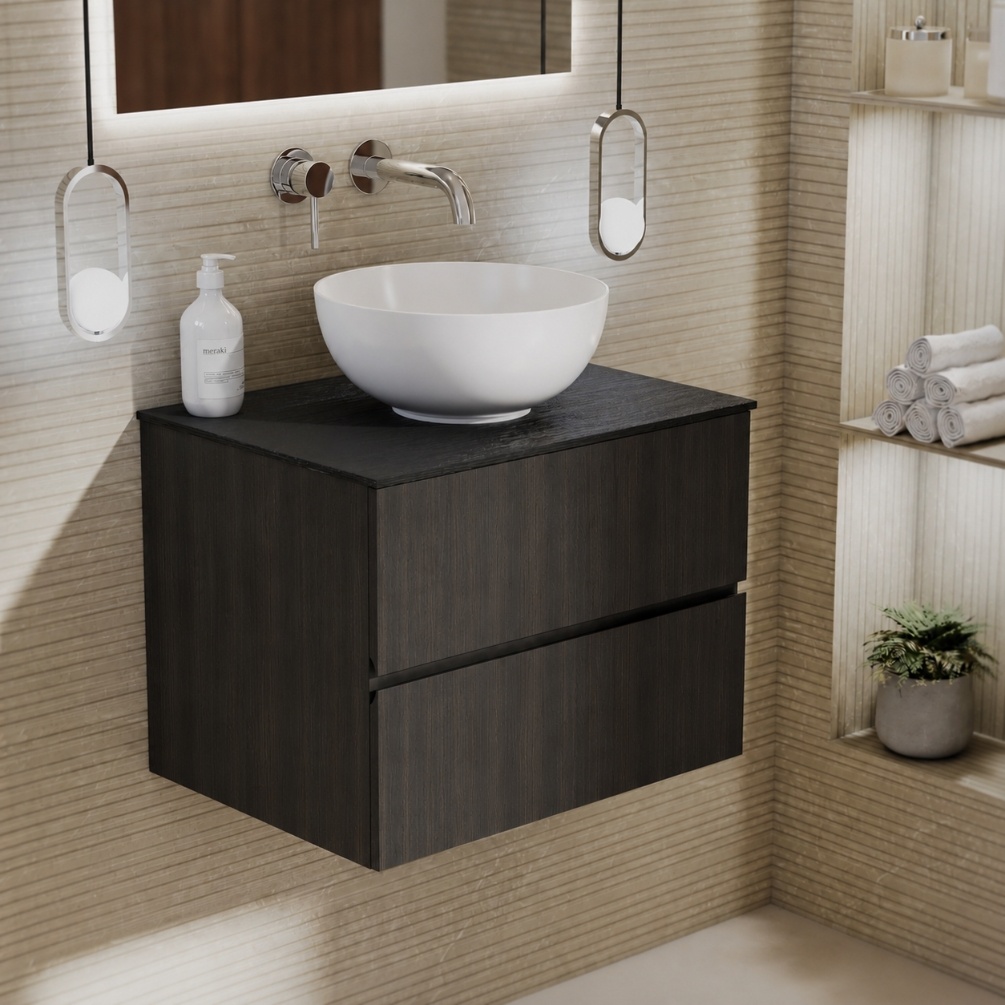 Product lifestyle image of Zero Eucalypto 600mm Double Drawer Unit with Mune Black Worktop 1042-BL1162C-130X