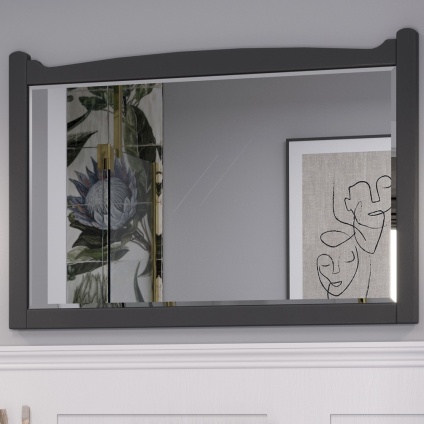 product lifestyle image of Burlington Guild Ashbee Grey 850mm x 570mm Bathroom Mirror close up with picture reflecting in it GU8557AG