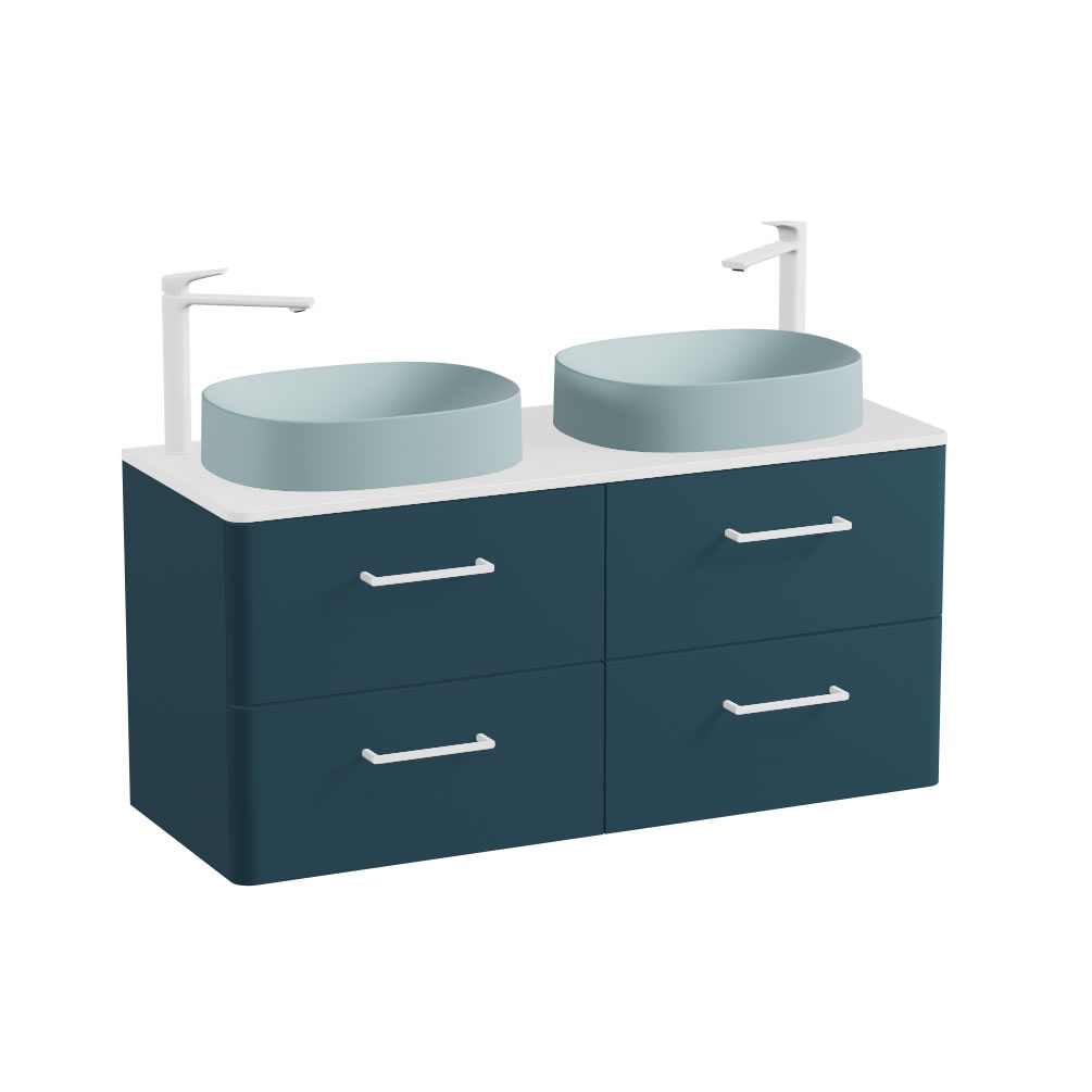 Vado Cameo 1200mm Atlantic Blue Wall Hung 4 Drawer Vanity Unit, Gloss White Worktop & Cove Blue Oval Basins