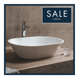 image of countertop basin with blue text box saying sale basins for cheap bathroom sinks category