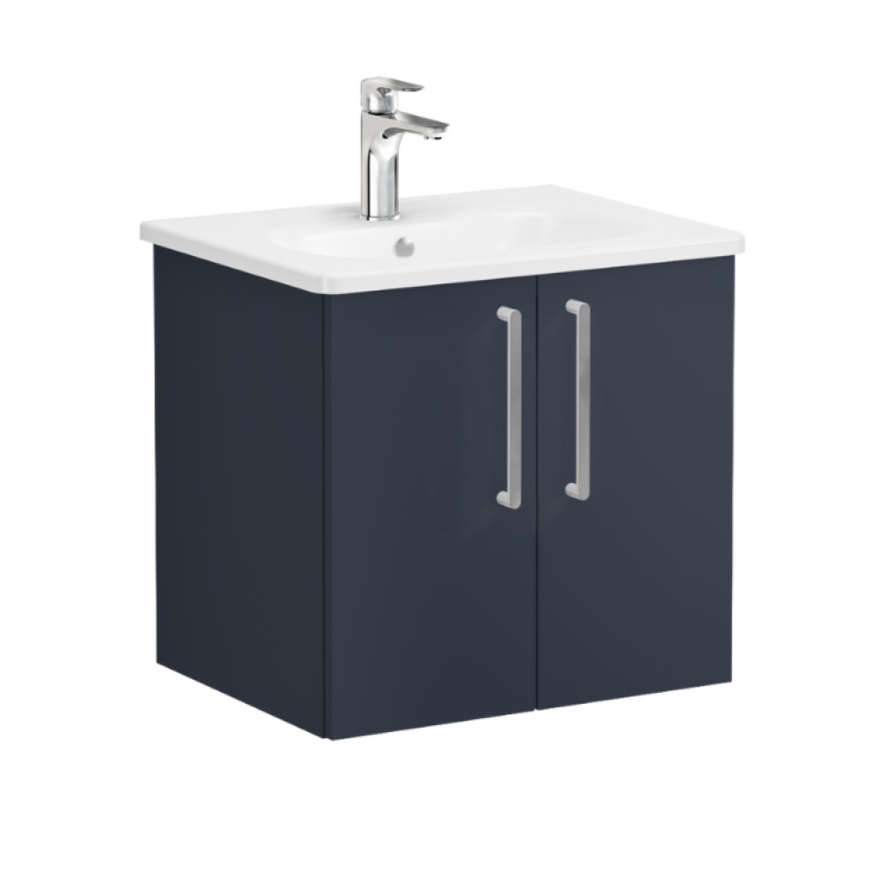 Product Cut out image of VitrA Root Flat Dark Blue 600mm Washbasin Unit 67878 with chrome handles