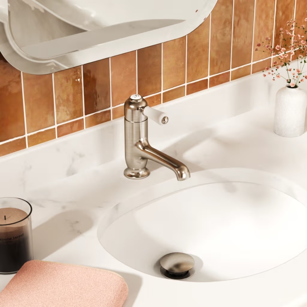 Burlington Chelsea Regent Brushed Nickel Straight Mono Basin Mixer Lifestyle Image