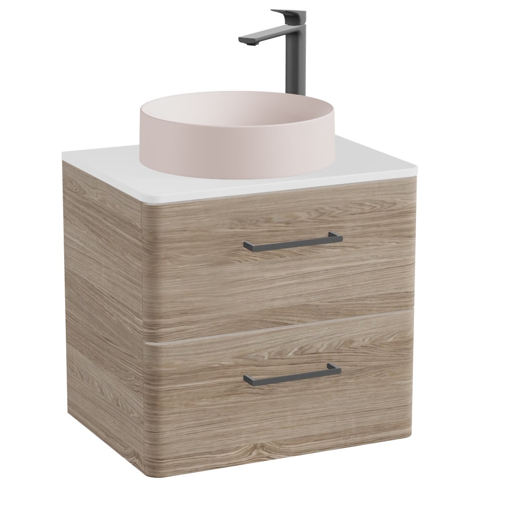Vado Cameo 600mm Oak Wall Hung 2 Drawer Vanity Unit, Gloss Worktop & Pink Basin