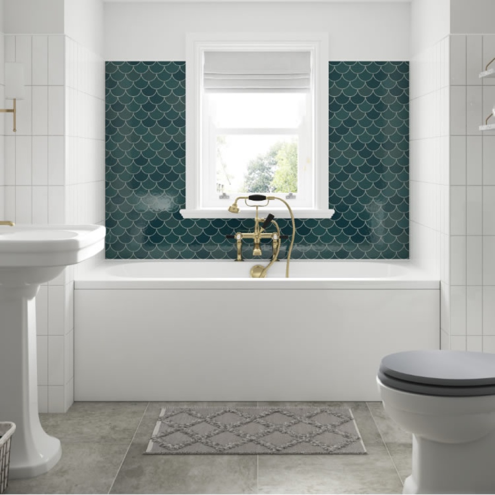 Product lifestyle image of BC Designs Solid Blue Round Straight Shower Bath with white bath panel