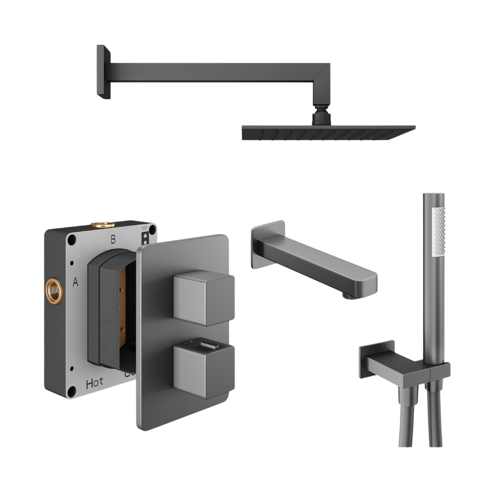 Product Cut out image of the Abacus Square Anthracite 3 Outlet Shower Pack with Bath Spout & Handset