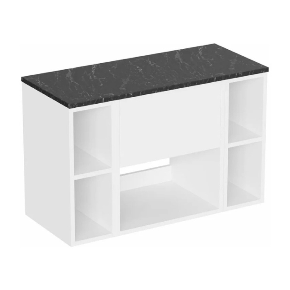 Cut out image of the Britton Hackney Glossy White 900mm Wall Hung Vanity Unit with Marquina Worktop & Two Shelf Units