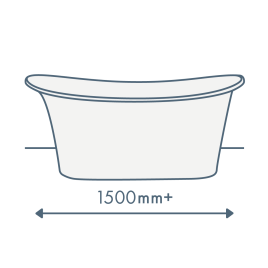 iconography image of a small roll top bath with text underneath saying 1500mm+ and an arrow indicating the size