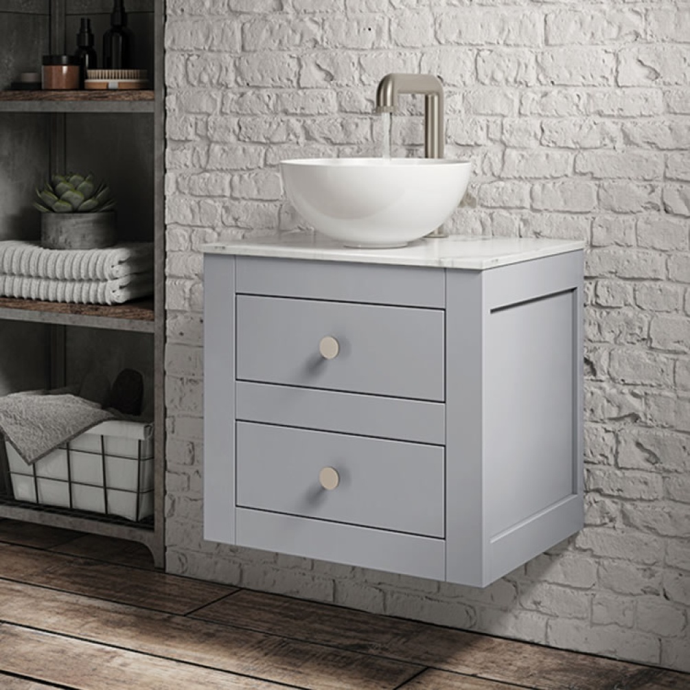 Lifestyle image of Crosswater Canvass Storm Grey Wall-Hung Vanity Unit with Marble Worktop