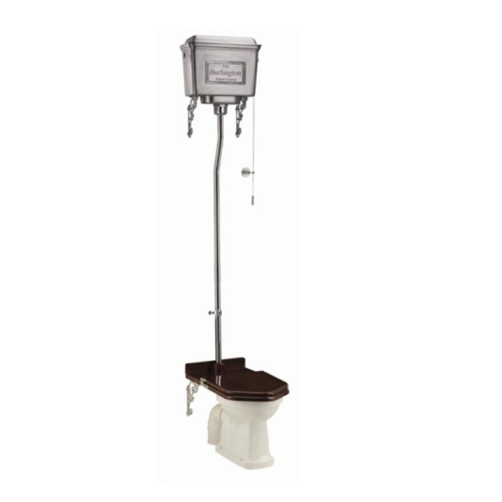 Product Cut out image of the Burlington Regal Brushed Aluminium High Level Toilet with a Gloss Mahogany Toilet Seat