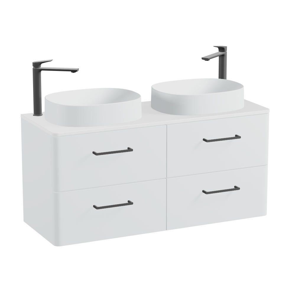 Vado Cameo 1200mm Arctic White Wall Hung 4 Drawer Vanity Unit, Gloss Worktop & Arctic Basins
