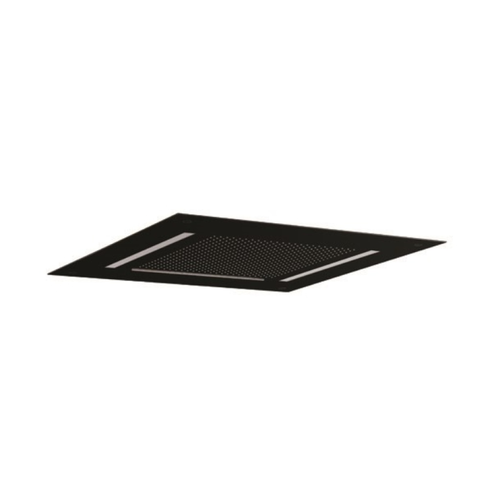 Product Cut out image of the Crosswater Tranquil 500 Chromotherapy Matt Black Recessed Shower Head from a low angle