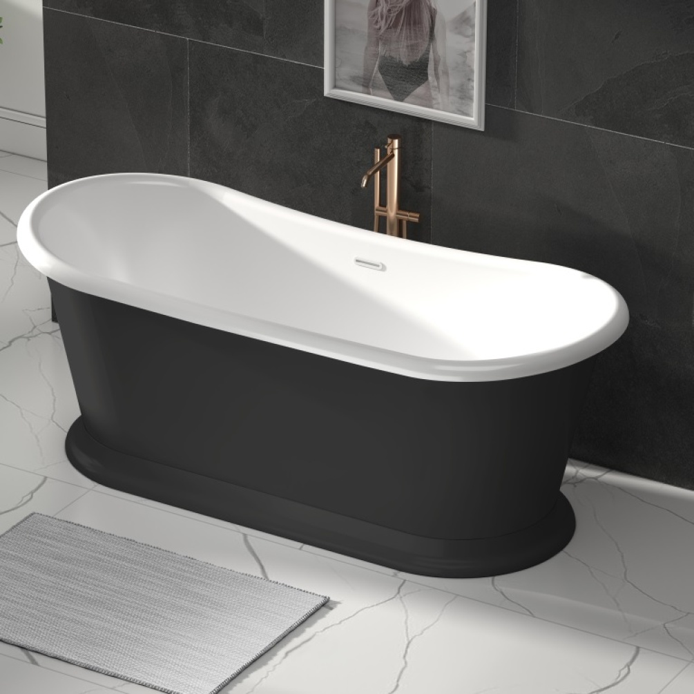 Product lifestyle image of the SB260B-PAINTED Sanctuary Chabanon  1580mm Freestanding Boat Bath in black finish