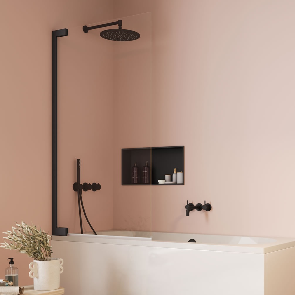 Lifestyle image of Crosswater Asura 8 Matt Black Hinged Bath Screen
