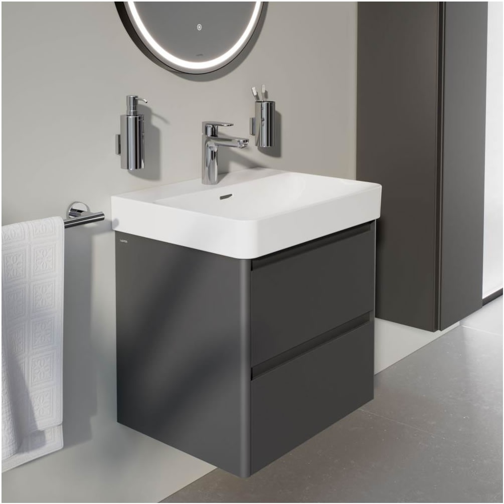 Lifestyle image of Laufen Base 2.0 Traffic Grey 600mm x 465mm Wall-Hung Vanity Unit & Basin
