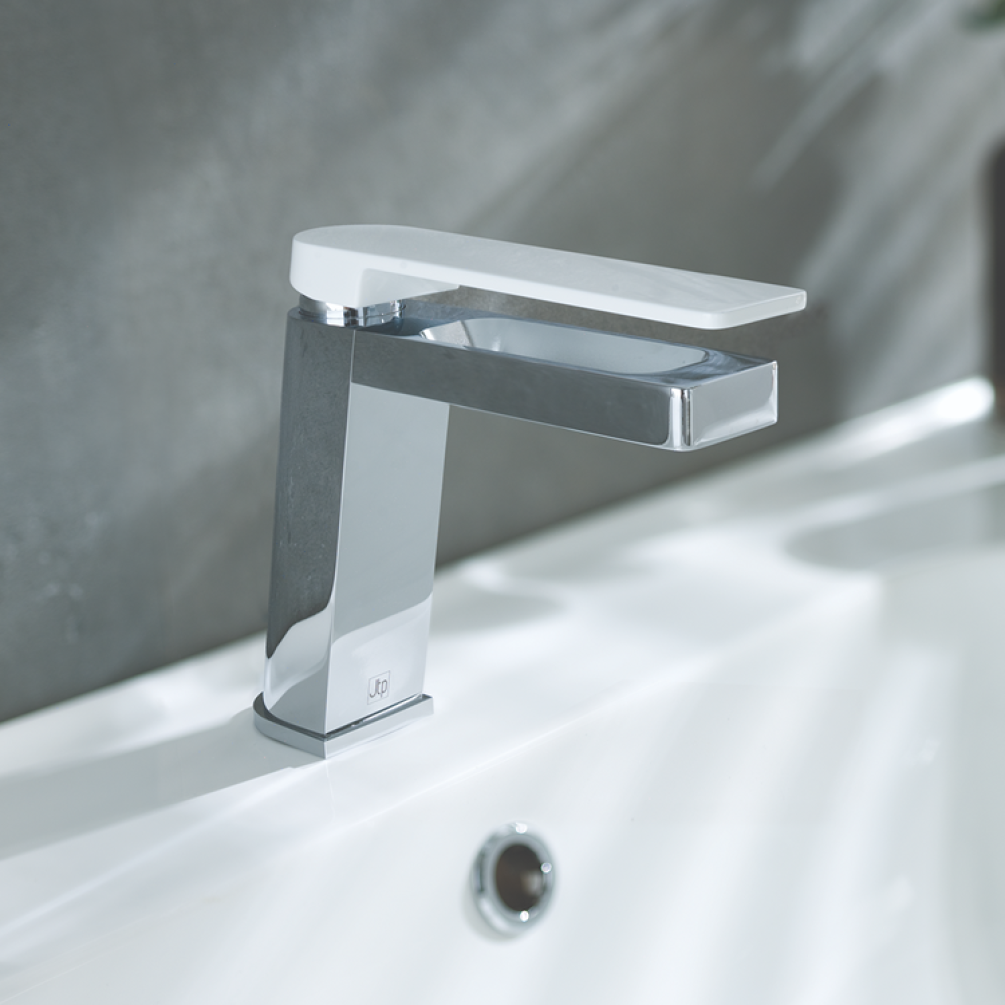 Photo of JTP Axel Chrome & Matt White Single Lever Basin Mixer Lifestyle