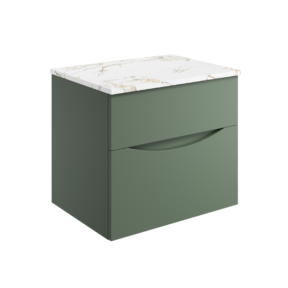 Product Cut out image of the Crosswater Glide II Sage Green 600mm Double Drawer Unit with Gold Vein Worktop