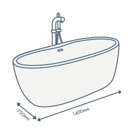 iconography image of a bathtub with 1400mm length text and 750mm width text illustrating this sized bath