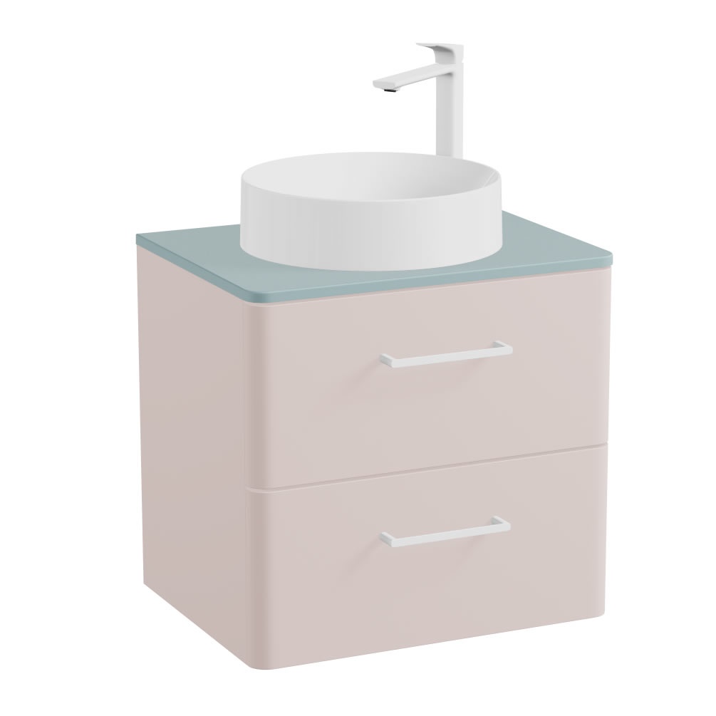 Vado Cameo 600mm Pink Clay Wall Hung 2 Drawer Vanity Unit, Cove Blue Worktop & Gloss Basin