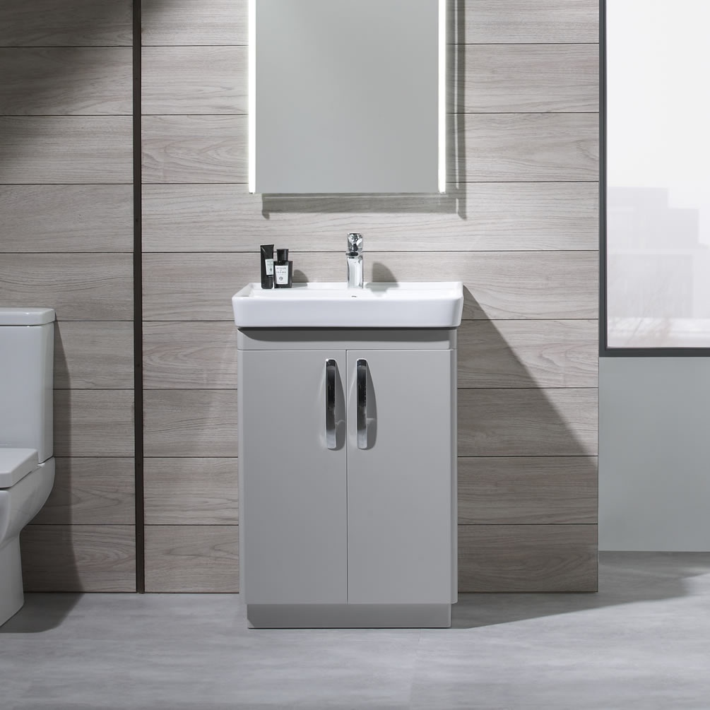 Tavistock Compass 600mm Gloss Light Grey Freestanding Unit & Basin - Lifestyle Image