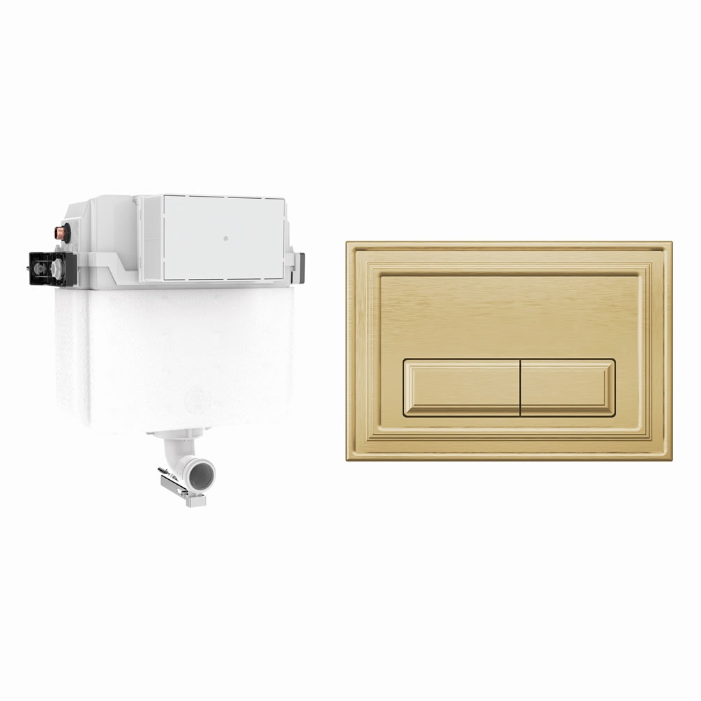 Cutout image of Crosswater 460mm Concealed Back-to-Wall Cistern & Belgravia Brushed Brass Dual Flush Plate