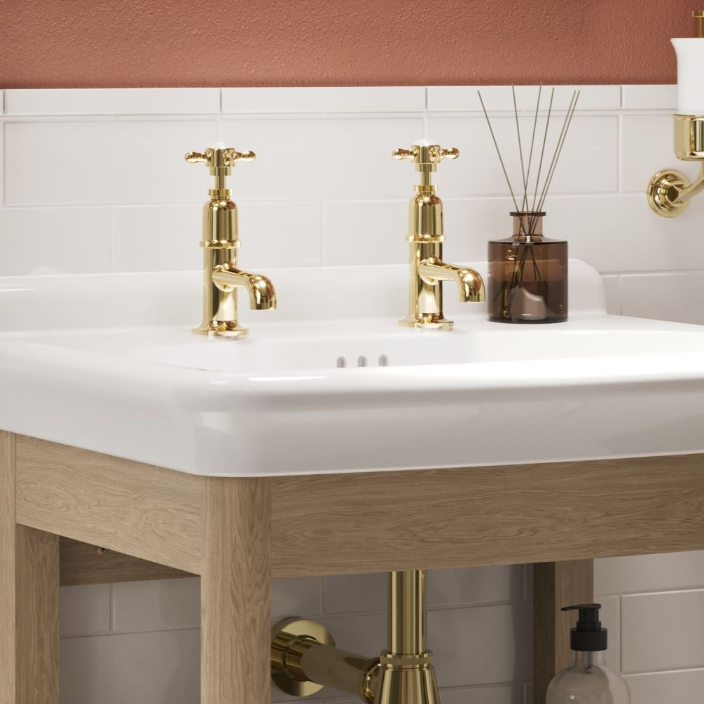 Wide Lifestyle image of Burlington Guild Gold Basin Long Nose Pillar Tap