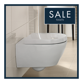 image of wall hung toilet with blue box and text saying sale toilets for cheap toilets category