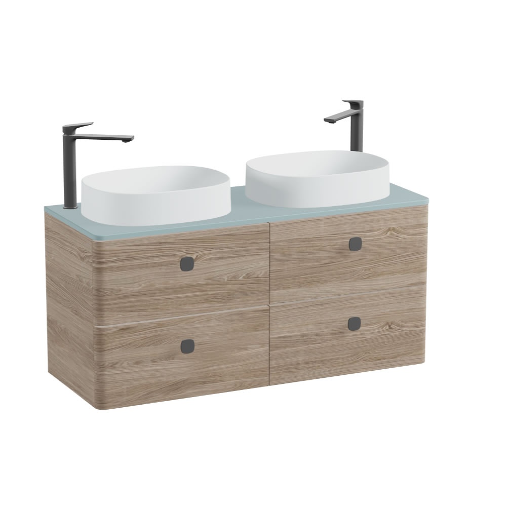 Vado Cameo 1200mm Natural Oak Wall Hung 4 Drawer Vanity Unit, Cove Blue Worktop & Arctic Oval Basins