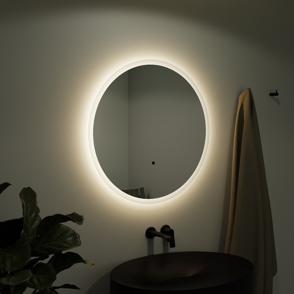 Product Lifestyle image of Origins Living Edison Round LED Backlit Illuminated Mirror EDS-01D060-00 EDS-01D080-00 EDS-01D120-01