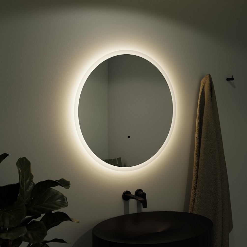 Product Lifestyle Image of the Origins Living Edison Round Backlit LED Mirror EDS-01D060-00 EDS-01D080-00 EDS-01D120-01