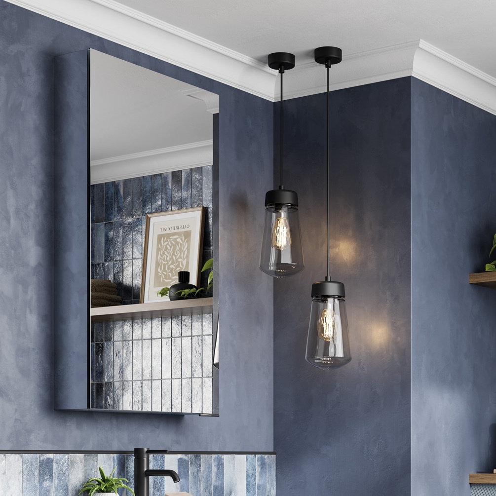 hib. Eris 50 Slim Mirror Cabinet close-up in dusky blue bathroom - lifestyle image 1
