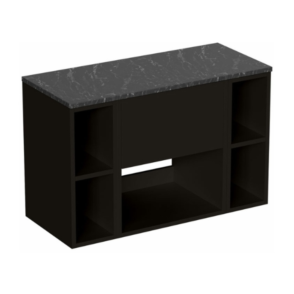 Cut out image of the Britton Hackney Matt Black 900mm Wall Hung Vanity Unit with Marquina Worktop & Two Shelf Units