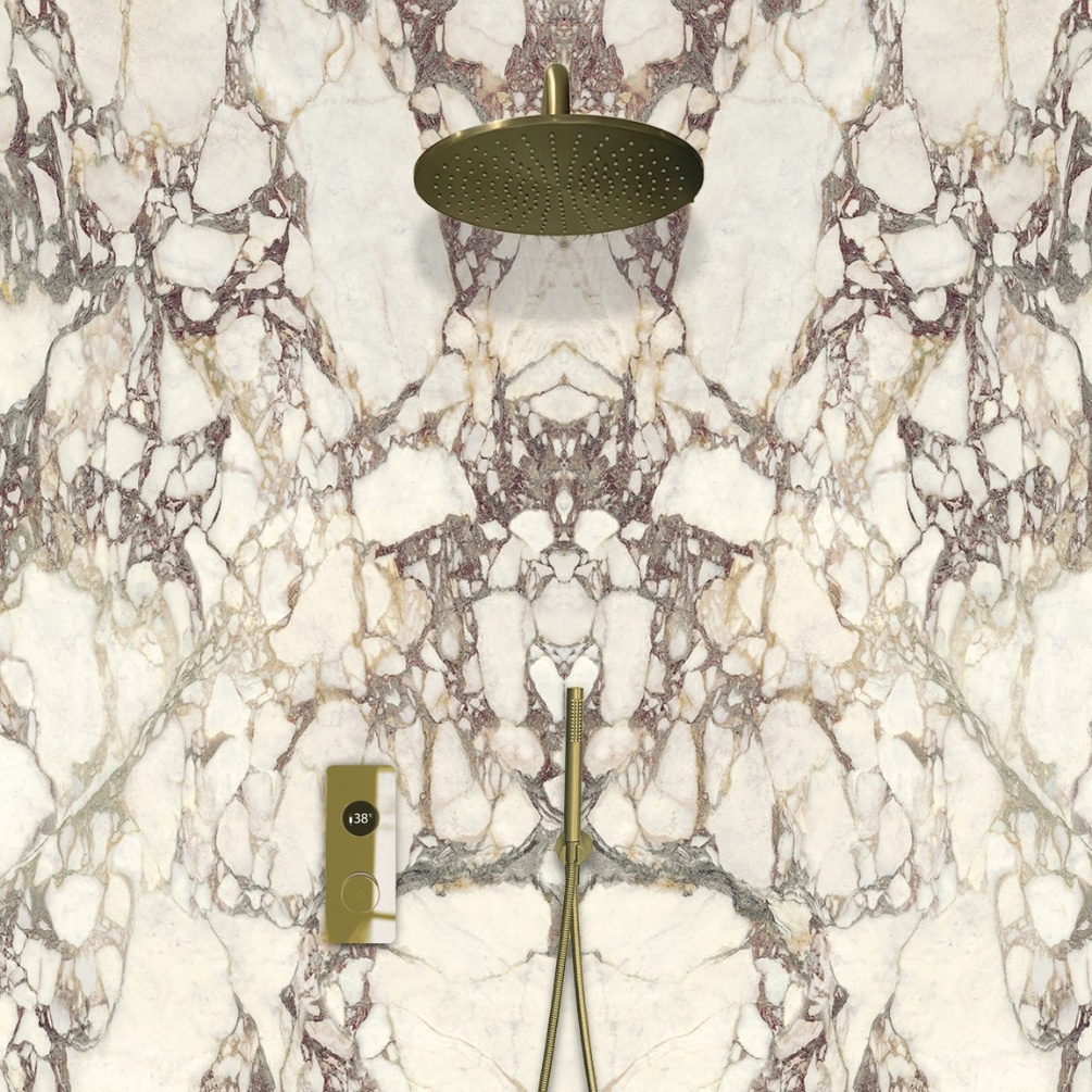 TED TOGO Brushed Brass Dual Outlet Digital Rainfall Shower Set Lifestyle