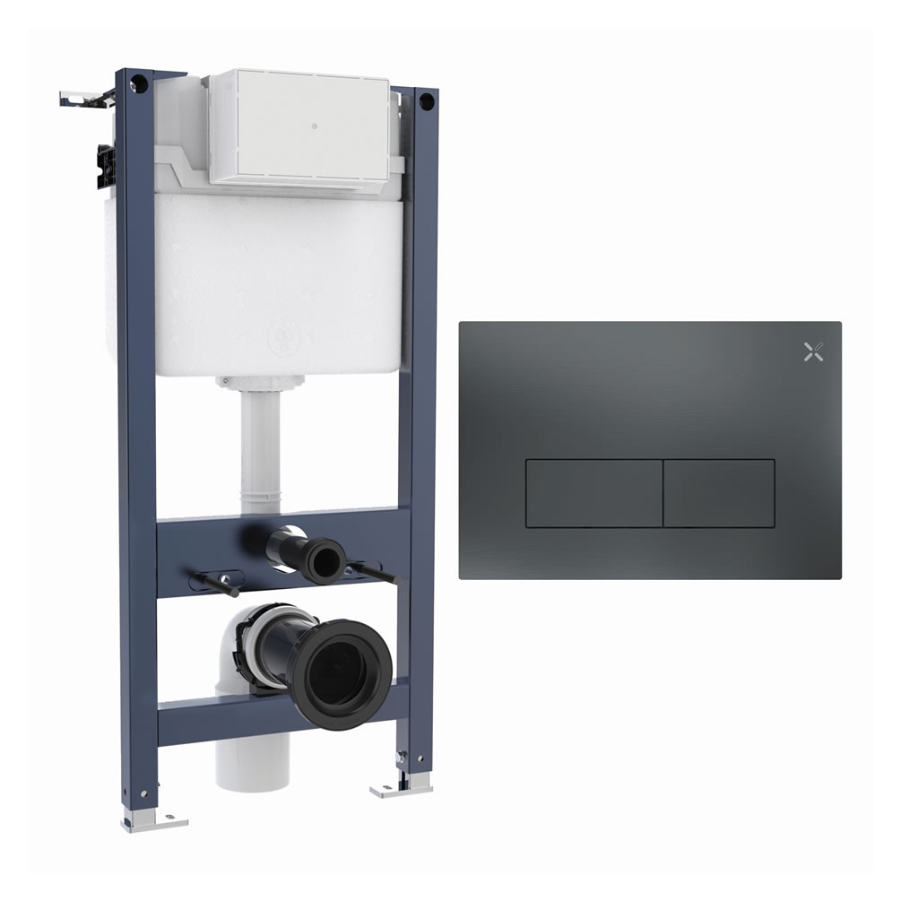 Cutout image of Crosswater 980mm Wall-Hung Cistern Frame & MPRO Stainless Steel Slate Dual Flush Plate
