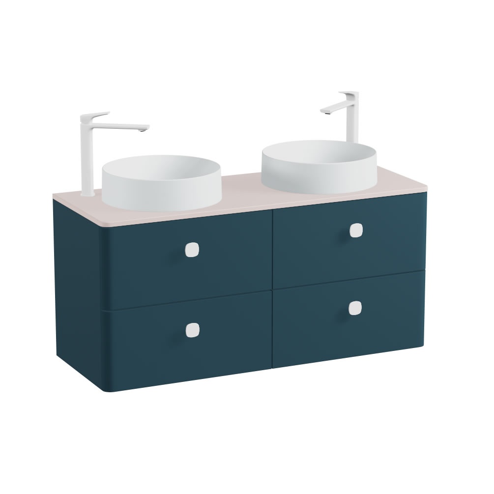 Vado Cameo 1200mm Atlantic Blue Wall Hung 4 Drawer Vanity Unit, Pink Worktop & Arctic Basins
