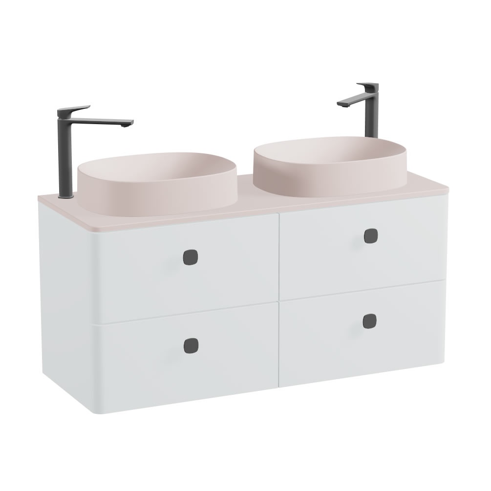 Vado Cameo 1200mm Arctic White Wall Hung 4 Drawer Vanity Unit, Pink Clay Worktop & Oval Basins