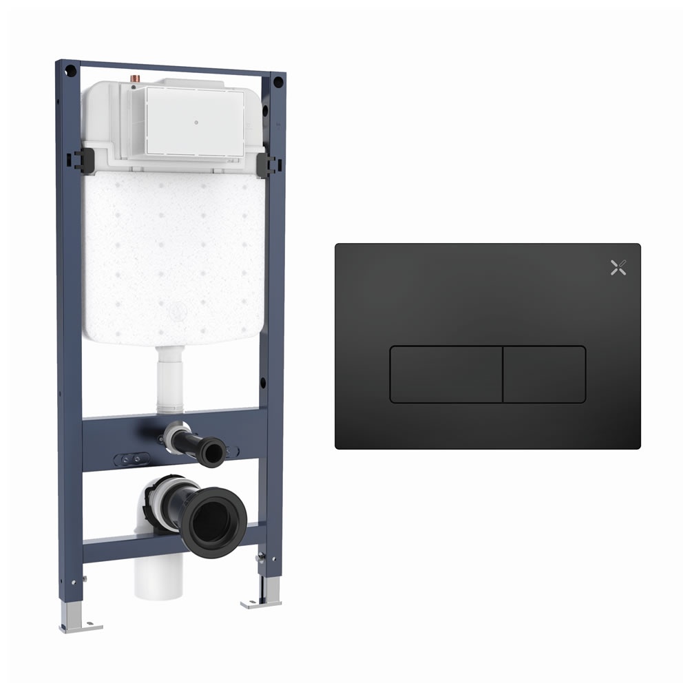Cutout image of Crosswater 1120mm Slim Wall-Hung Cistern Frame & MPRO Matt Black Dual Flush Plate