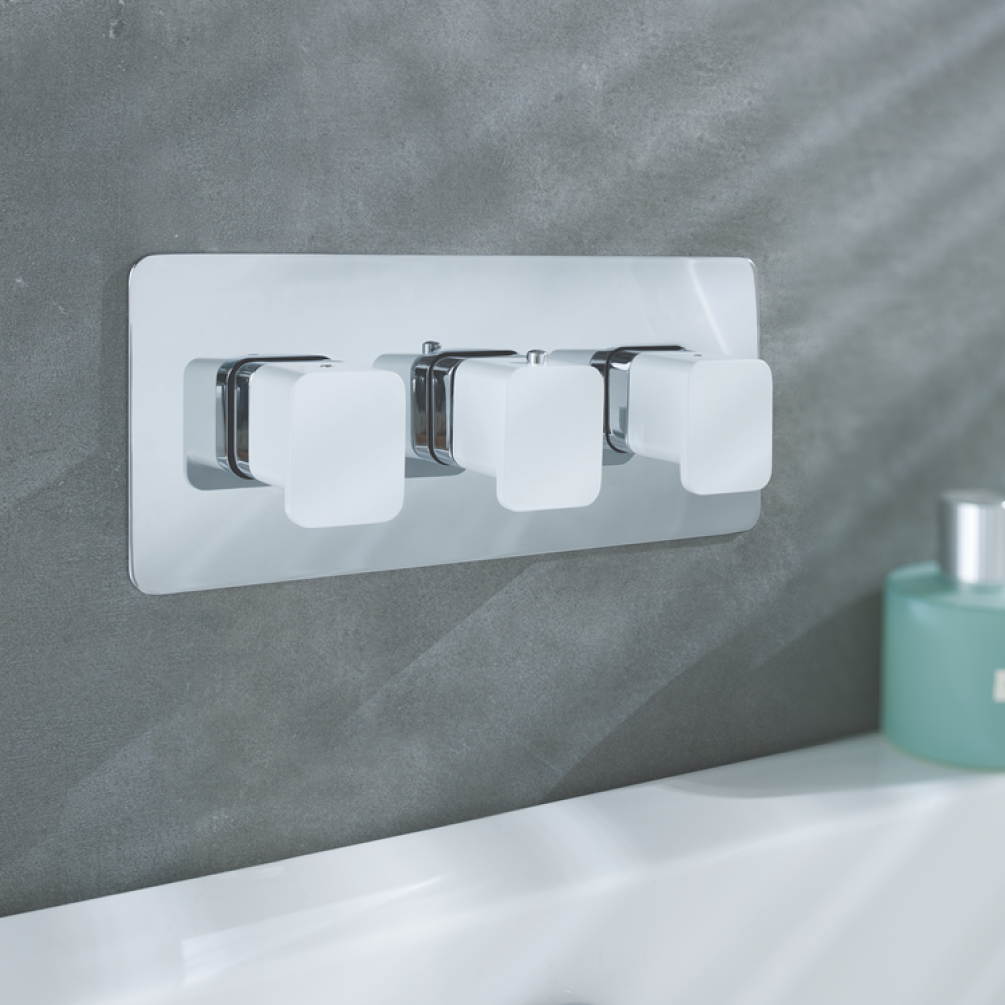 Photo of JTP Axel Chrome & Matt White Landscape Twin Outlet Shower Valve Lifestyle Image