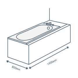 iconography image of a bathtub with 1900mm length text and 800mm width text illustrating this sized bath