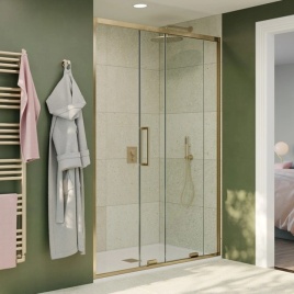 image of a crosswater optix 10 sliding shower door in brushed brass