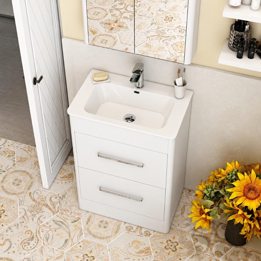 Imex Suburb White Gloss 2 Drawer 600mm x 395mm Freestanding Bathroom Vanity Unit With Basin Lifestyle 2